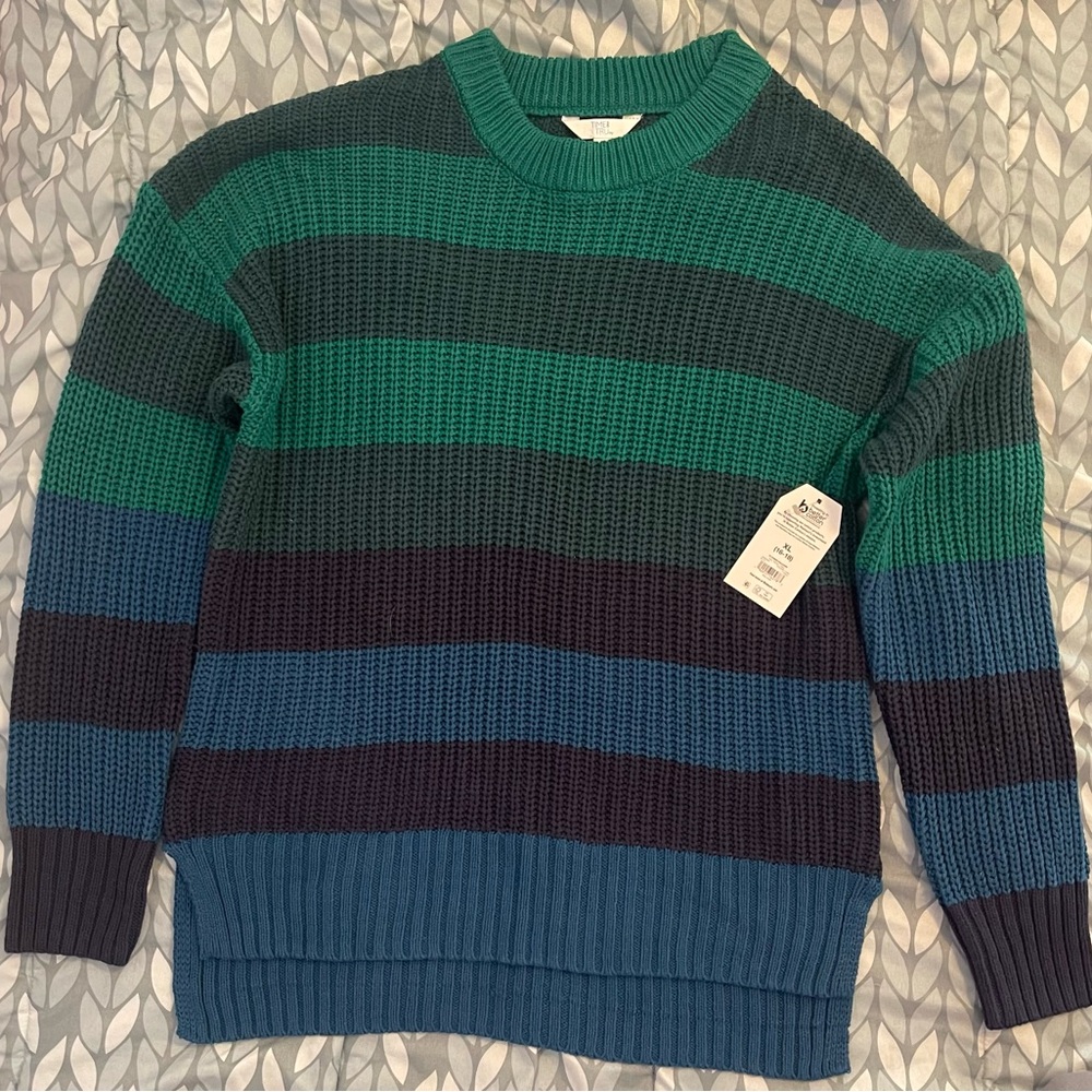 Time and Tru Green and Blue Striped Crewneck Sweater